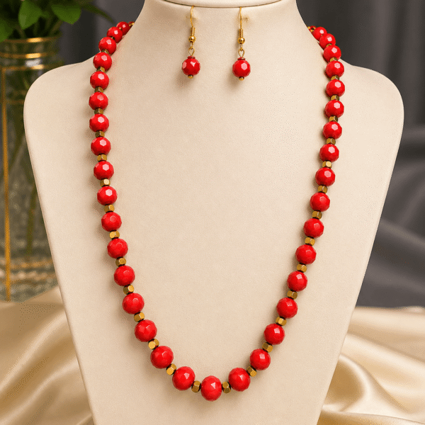 Ruby Red Crystal Bead Necklace Set